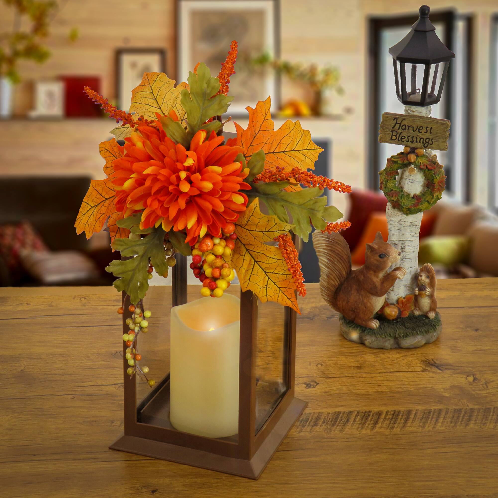 14" Battery-Operated LED Harvest Lantern with Mum Flower